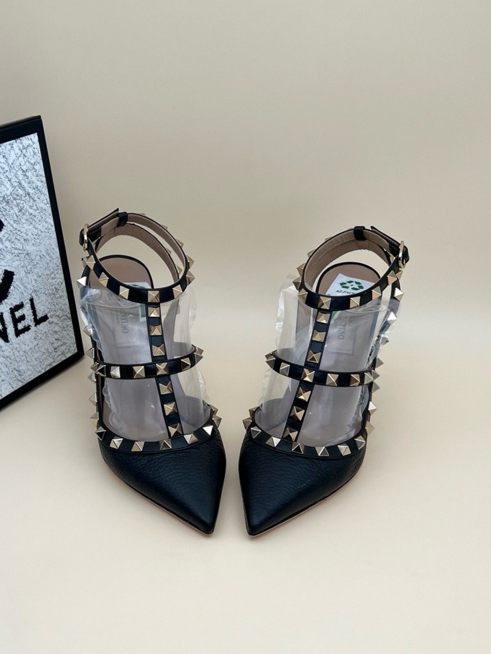 Valentino Garavani Black Studded Pointed-Toe PVC-Strap Heels